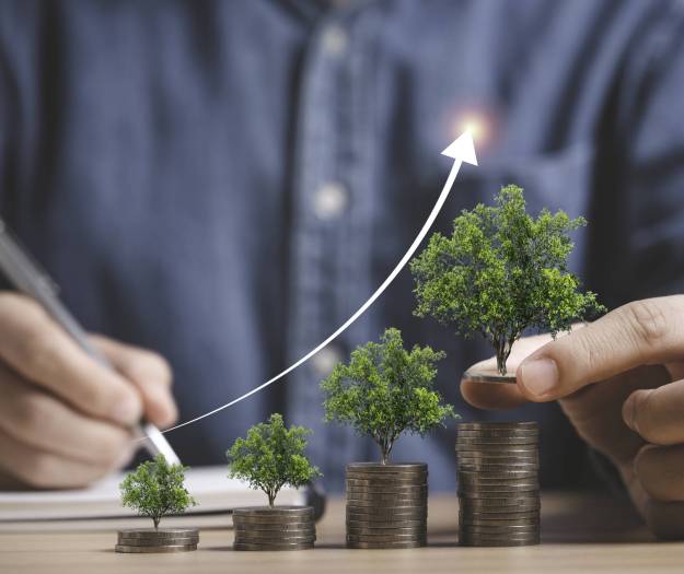 Businessman holding trees growing on increasing coins stacking for money saving and deposit growth from investment profit , Financial banking concept.